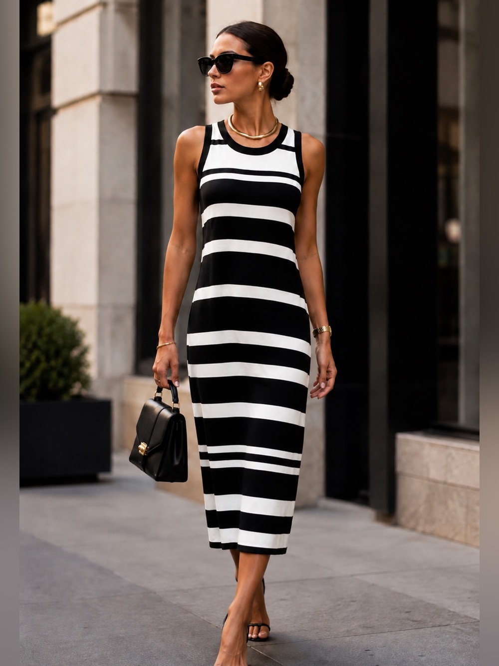 THE DROP Women's Sleeveless Black & White Striped Knit Midi Dress XL